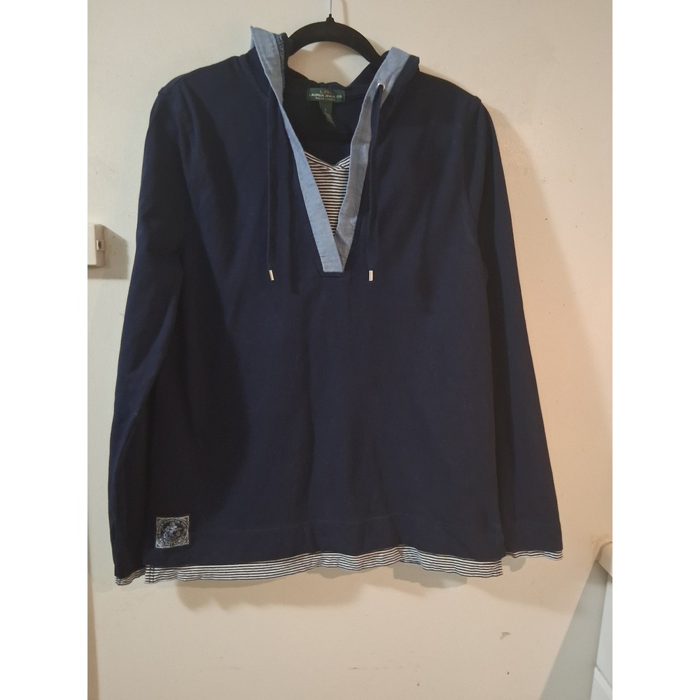Lauren Ralph Lauren Navy Blue Layered Striped V-Neck Hoodie LRL Jeans Co Large